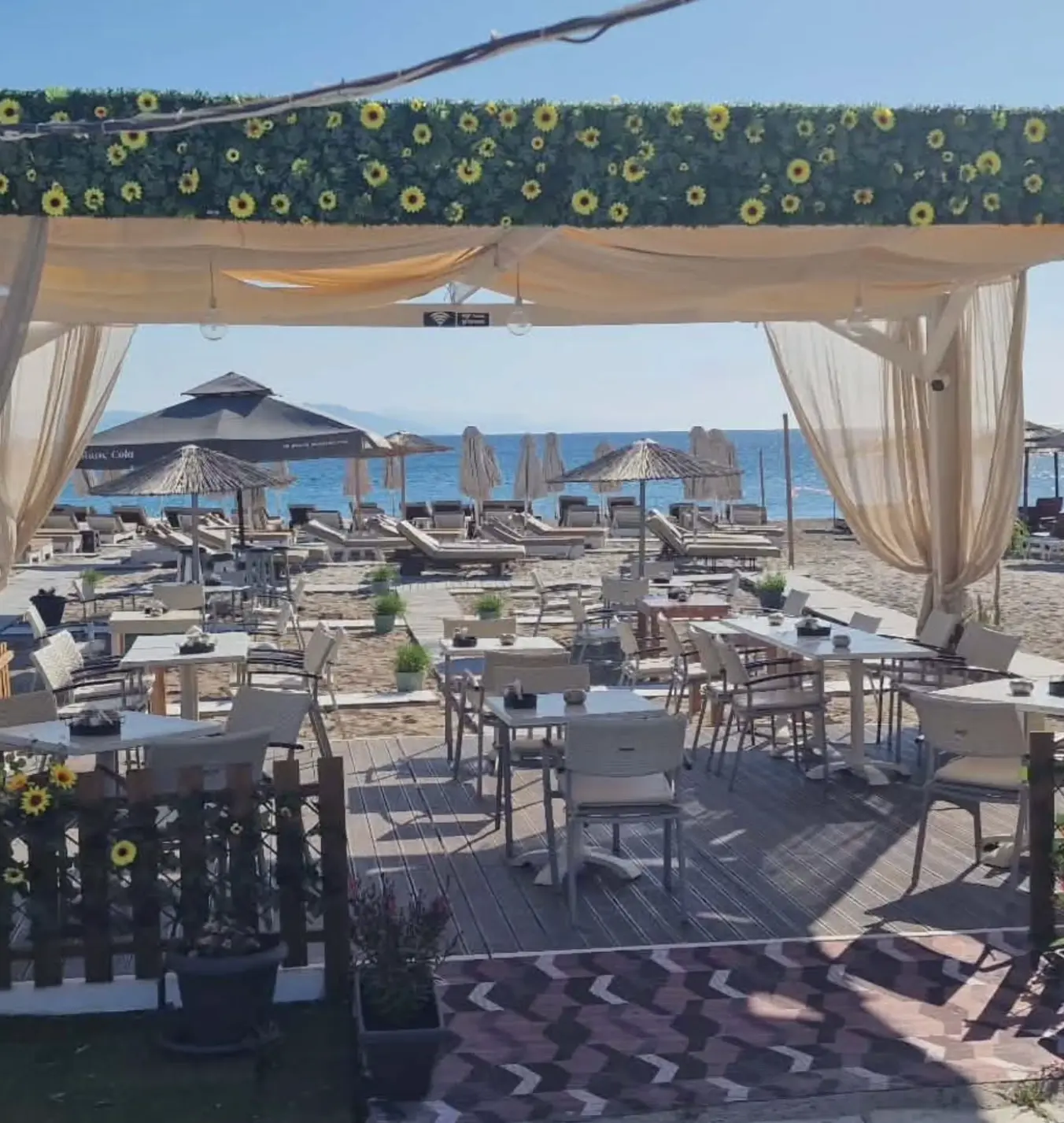 Beach terrace under the sunflower pergola facing the sea