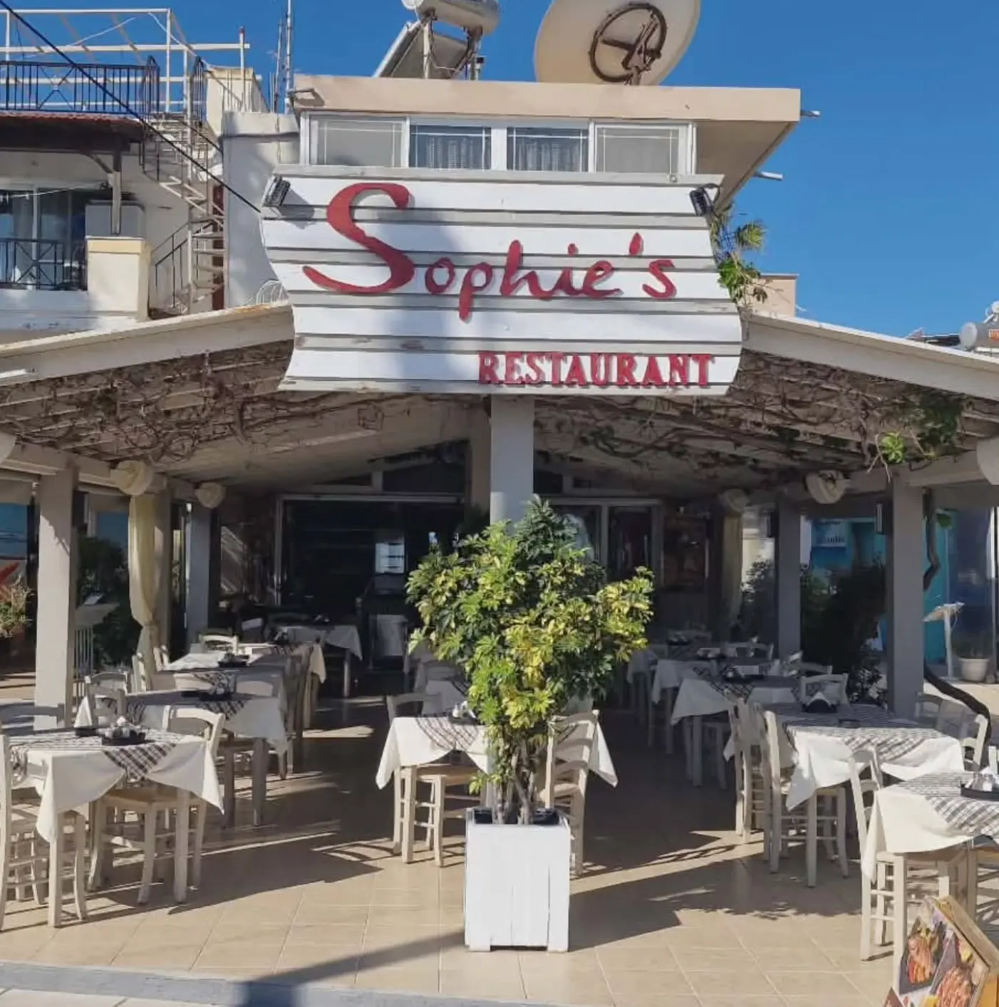 The whitewashed Sophie's Restaurant terrace with its red hand-painted sign in Kos
